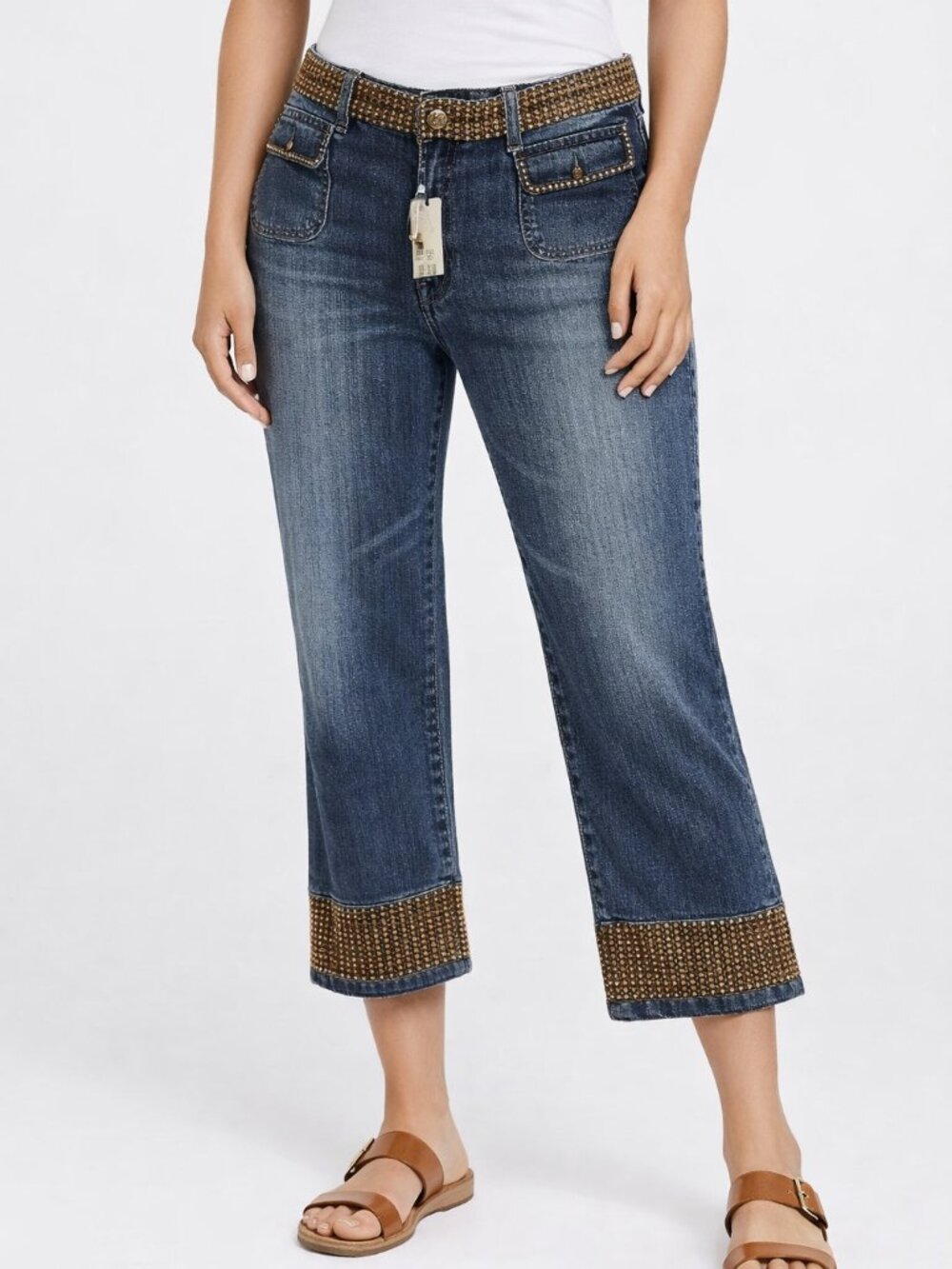 NWT Womens Flare Jeans Size 21 High Rise Gold Studded Blue Denim Festival Boho